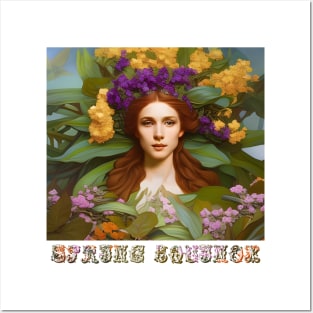 Spring Equinox Beautiful Woman Surrounded By Spring Flowers and Leaves Posters and Art